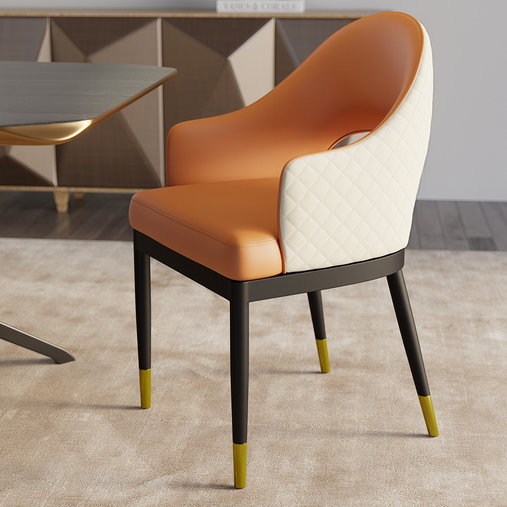 Modern Orange PU Leather Tufted Dining Chair (Set of 2) with Hollow Back & Arms