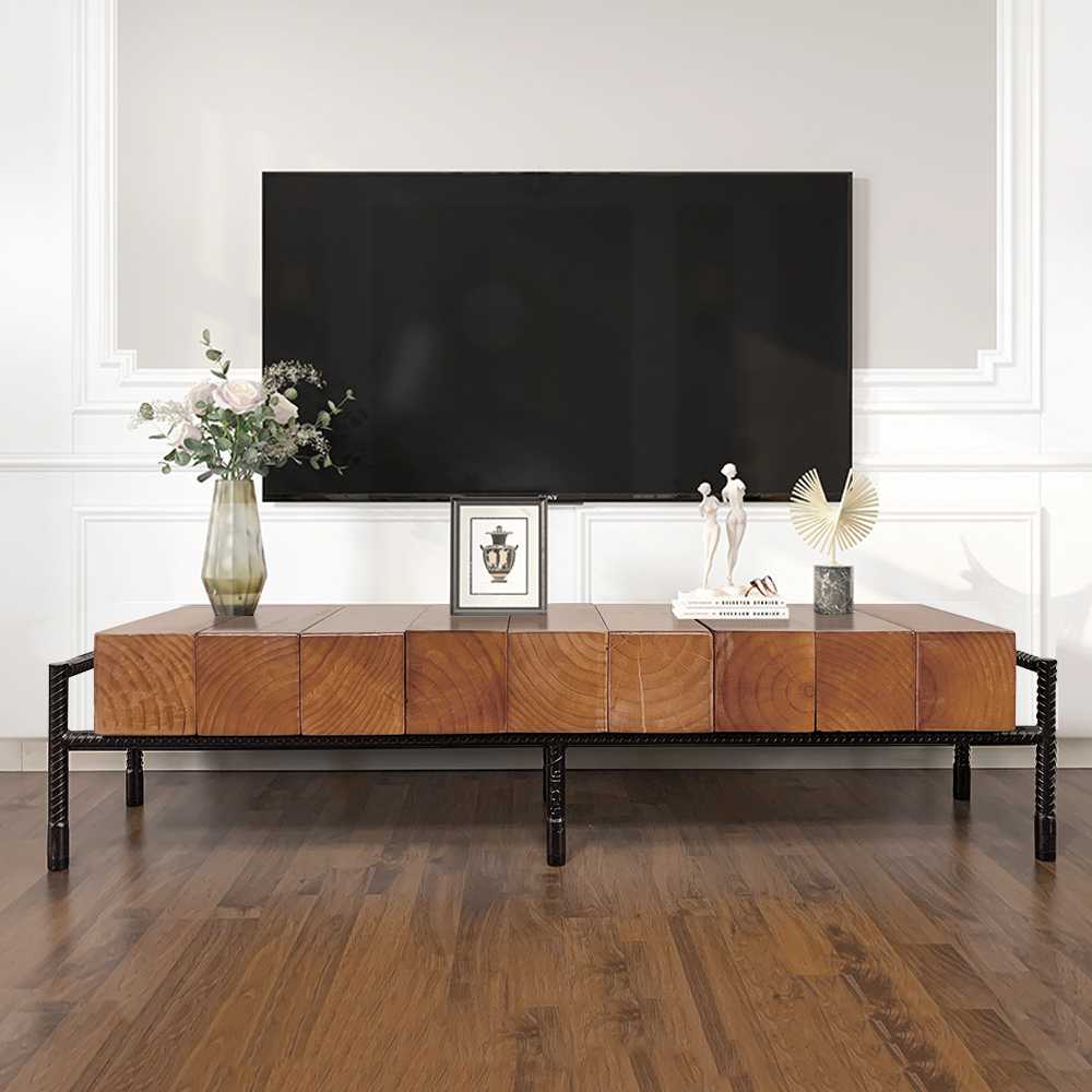 Image of 59" Industrial Pine Wood Rectangular TV Stand in Walnut & Black for TV Up to 65 Inch
