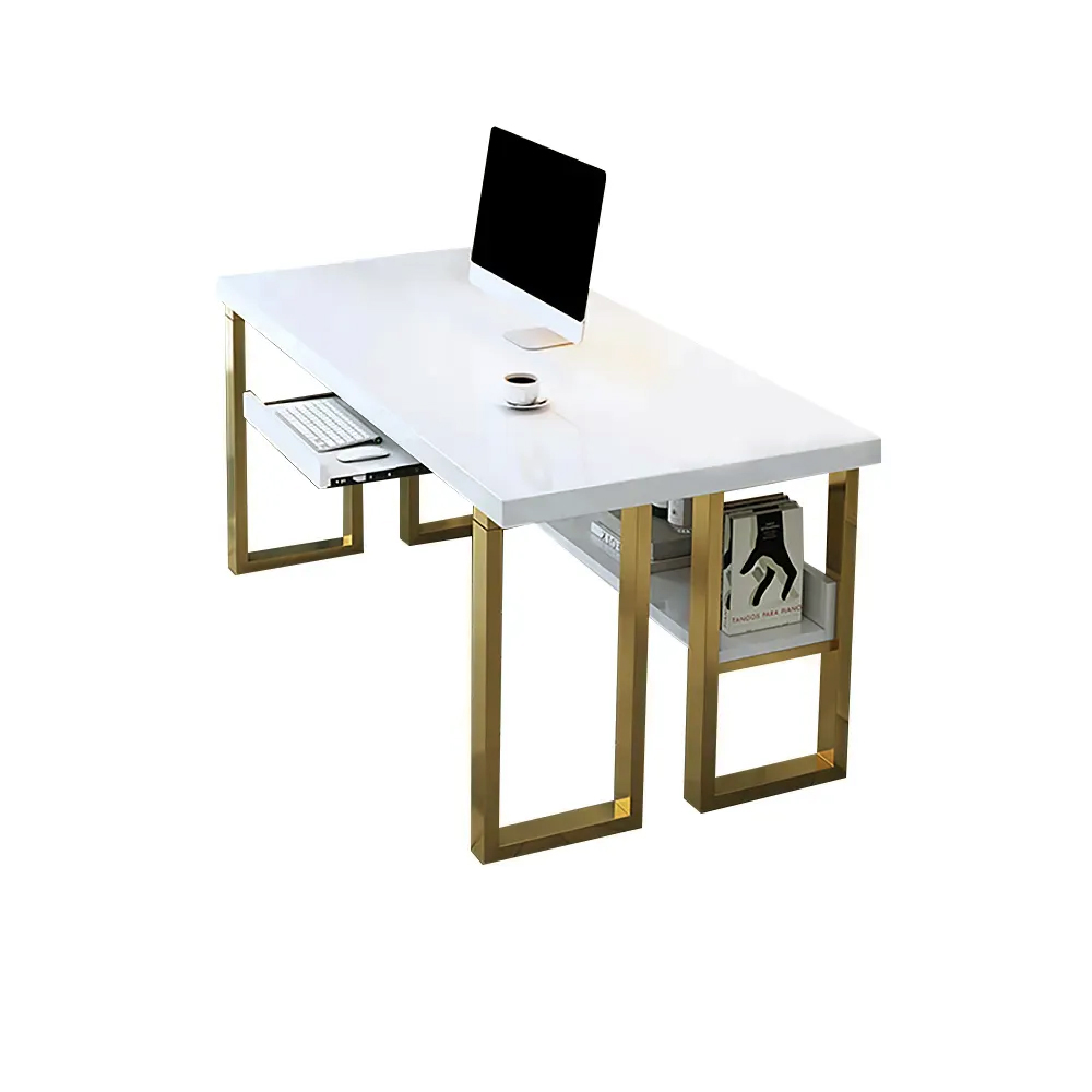 1000mm Modern White & Gold Rectangular Computer Desk with Keyboard Tray