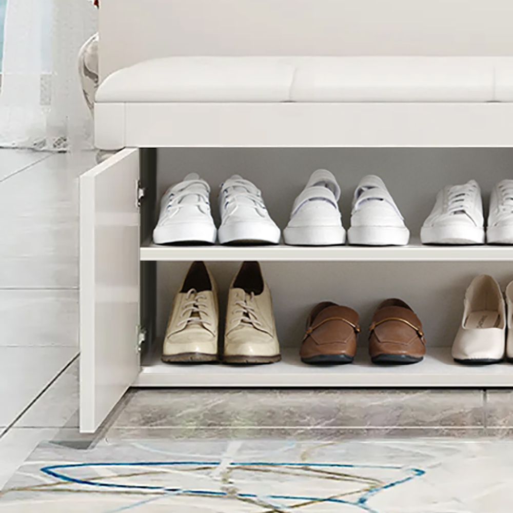 White Hallway Bench with Shoe Storage Leather Upholstered