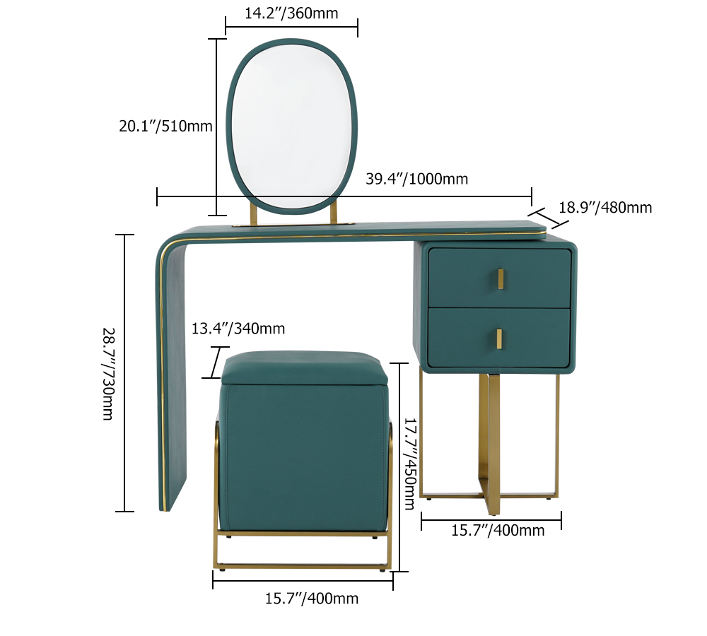 Green Makeup Vanity Set Expandable Dressing Table with Mirror&Side Cabinet&Stool