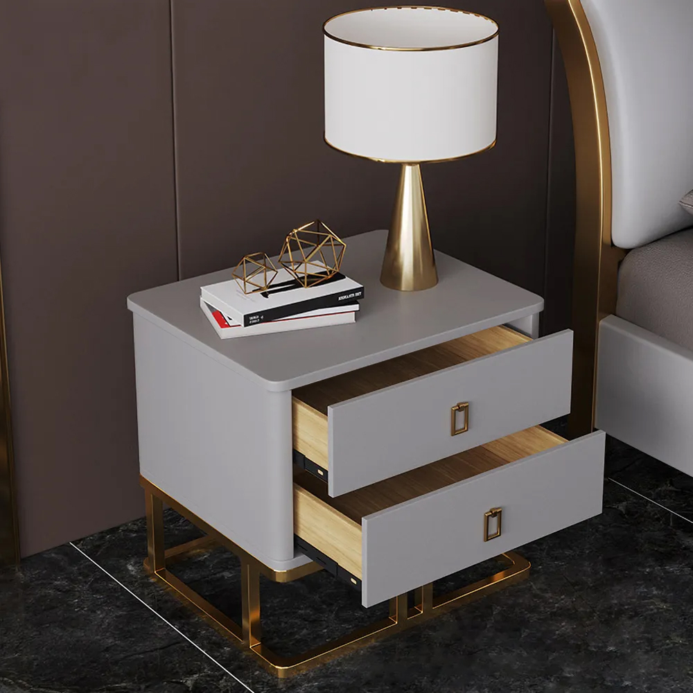 Modern Grey Nightstand Faux Leather Upholstery with 2 Drawers in Gold