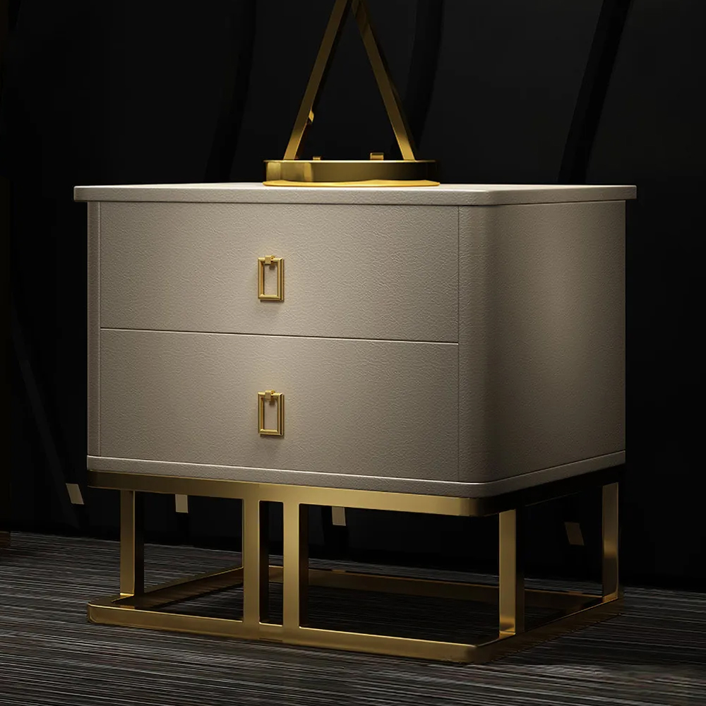 Modern Yellow Nightstand Faux Leather Upholstery with 2 Drawers in Gold