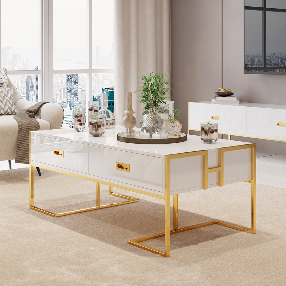 Jocise Modern White Rectangular Coffee Table with Drawers Lacquer Gold Base