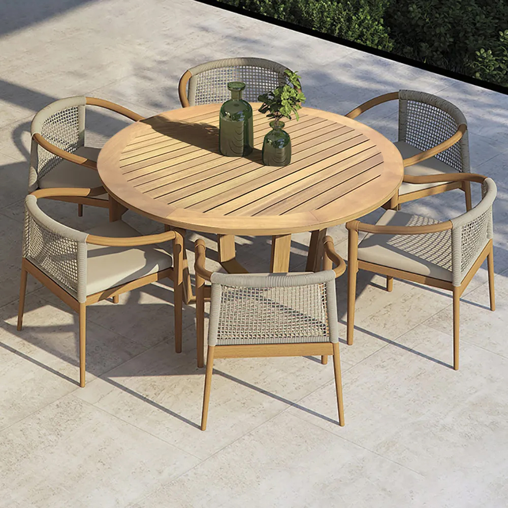 Modern Round Teak Wood 6 - Person Outdoor Patio Dining Table in Natural