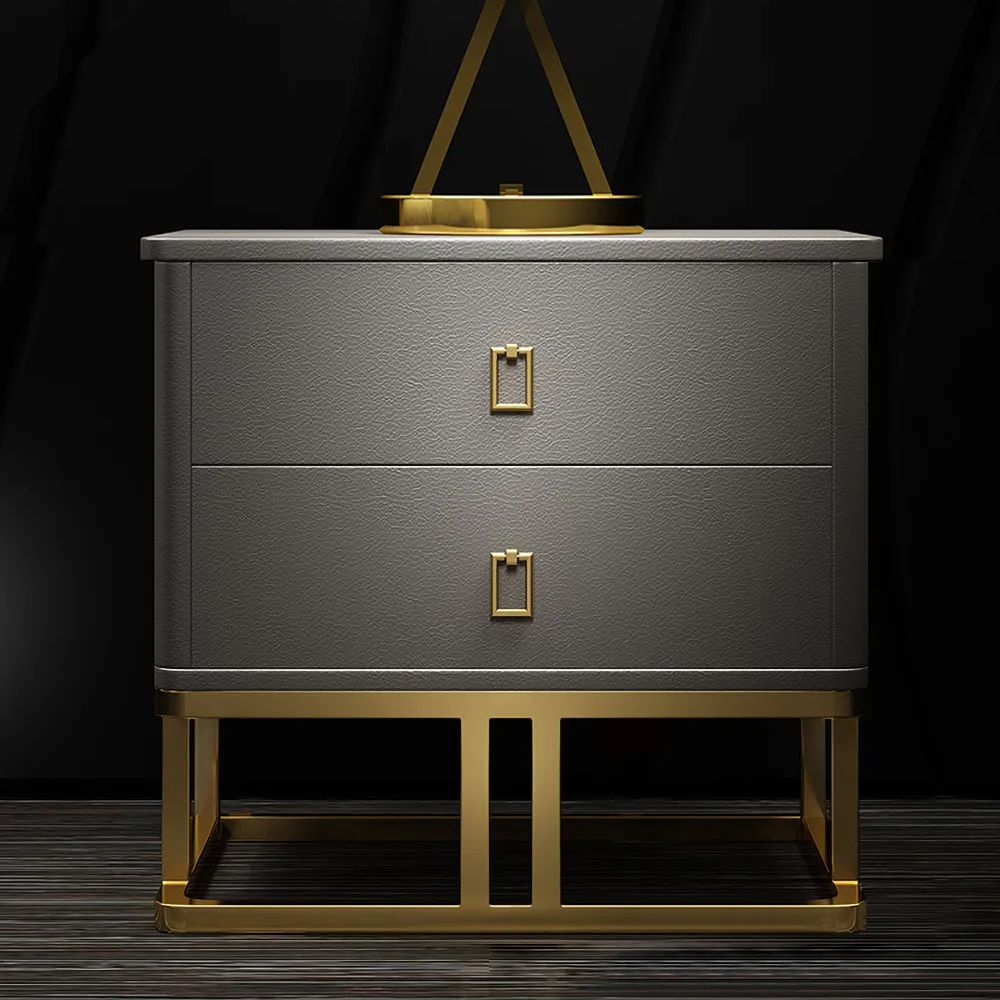 Modern Grey Nightstand Faux Leather Upholstery with 2 Drawers in Gold