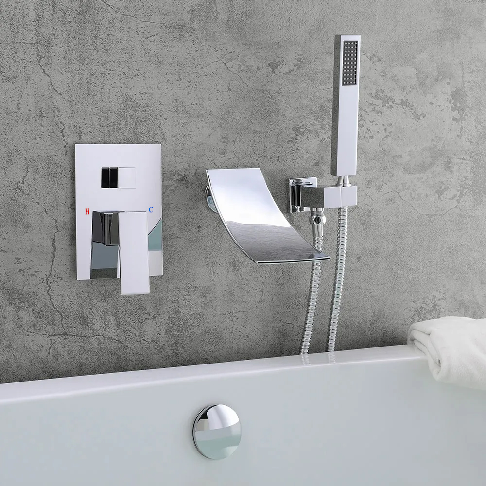 Modern Waterfall Spout Wall-Mount Tub Filler Faucet Single Handle & Handshower in Chrome