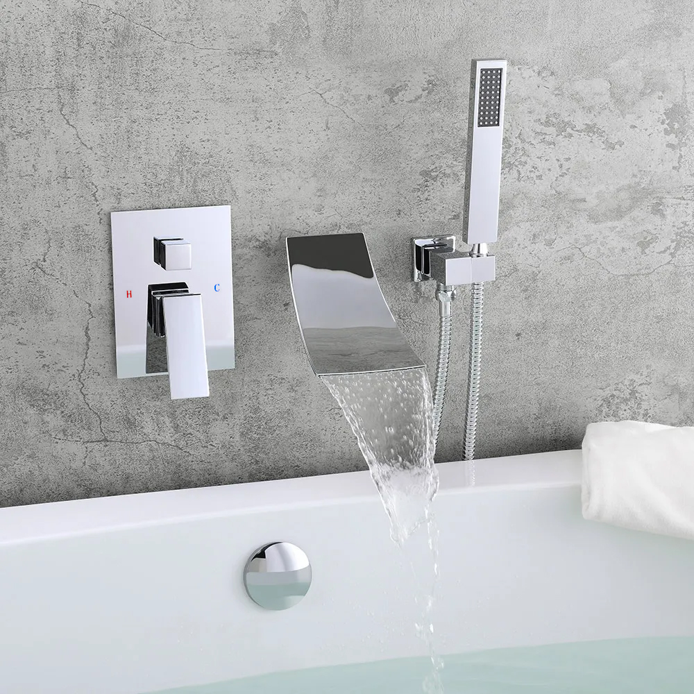 Modern Waterfall Spout Wall-Mount Tub Filler Faucet Single Handle & Handshower in Chrome