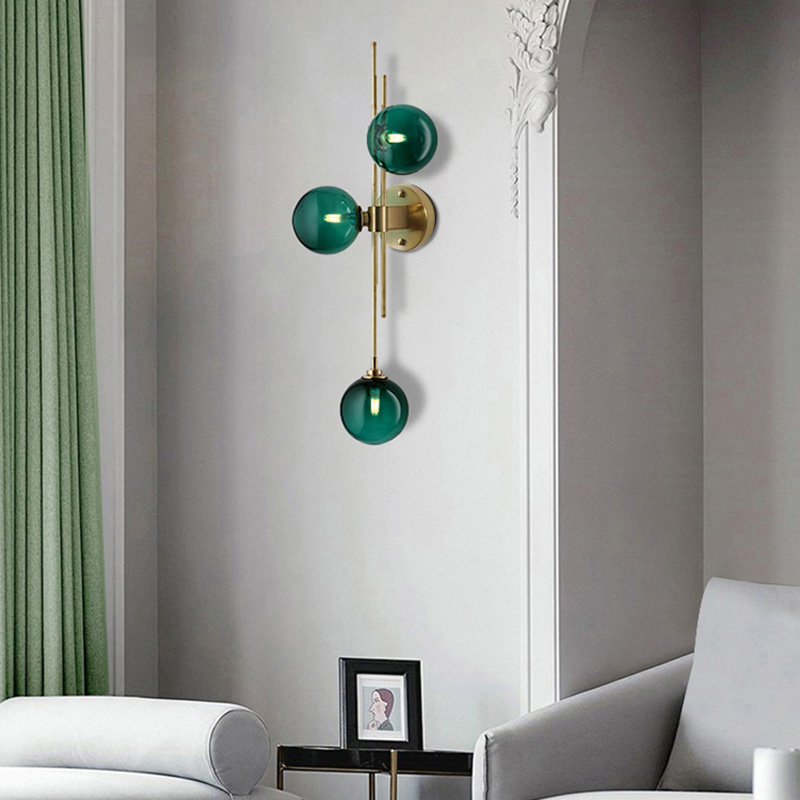 Modern Gold 3-Light Decorative Globe Wall Sconce Green Glass Indoor Wall Light