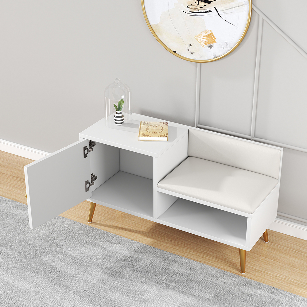 Yellar White Modern Upholstered Shoe Rack Bench with Storage