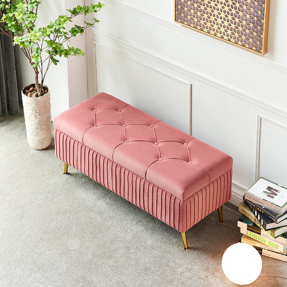 Image of Modern Velvet Storage Bench Flip Top in Pink with Gold Legs