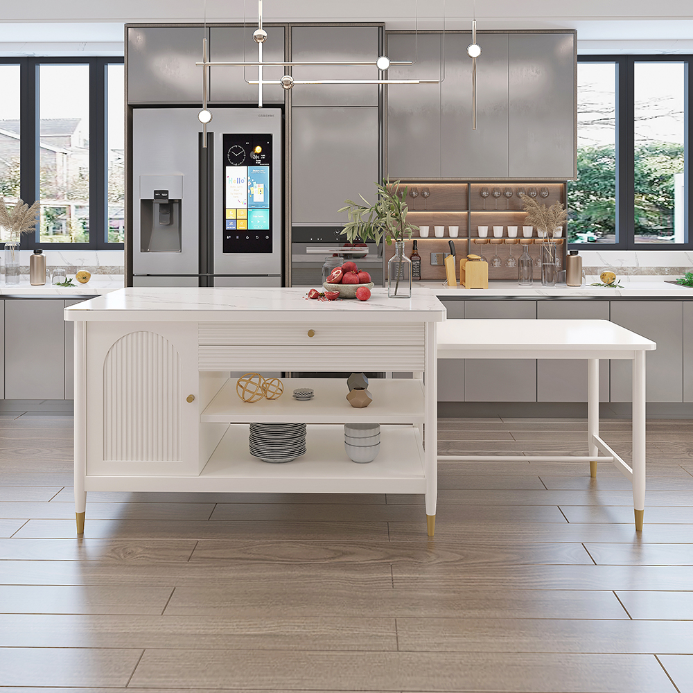Image of Modern 60" Extendable White Kitchen Island with Storage Faux Marble Kitchen Cabinet