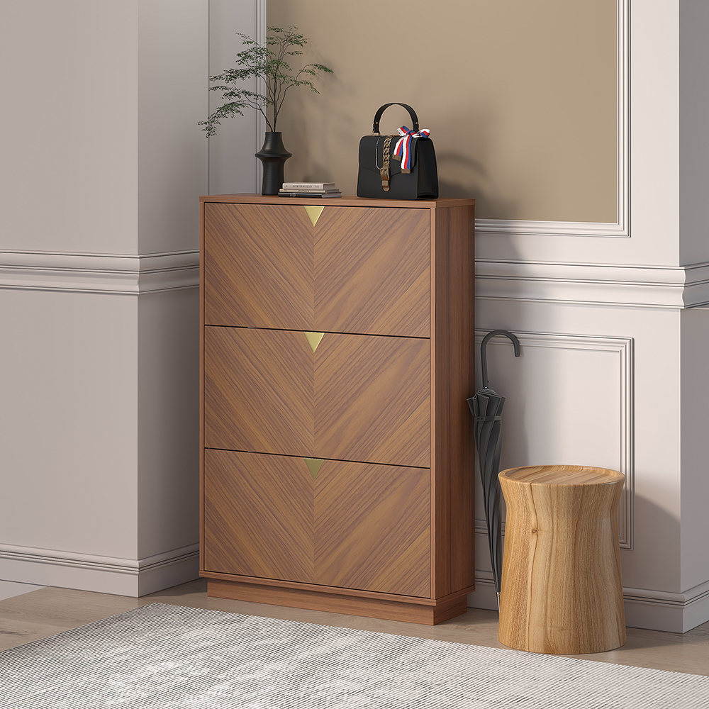Walnut Entryway Narrow Shoe Storage Cabinet with Flip Down Large Capacity up to 36 Pairs