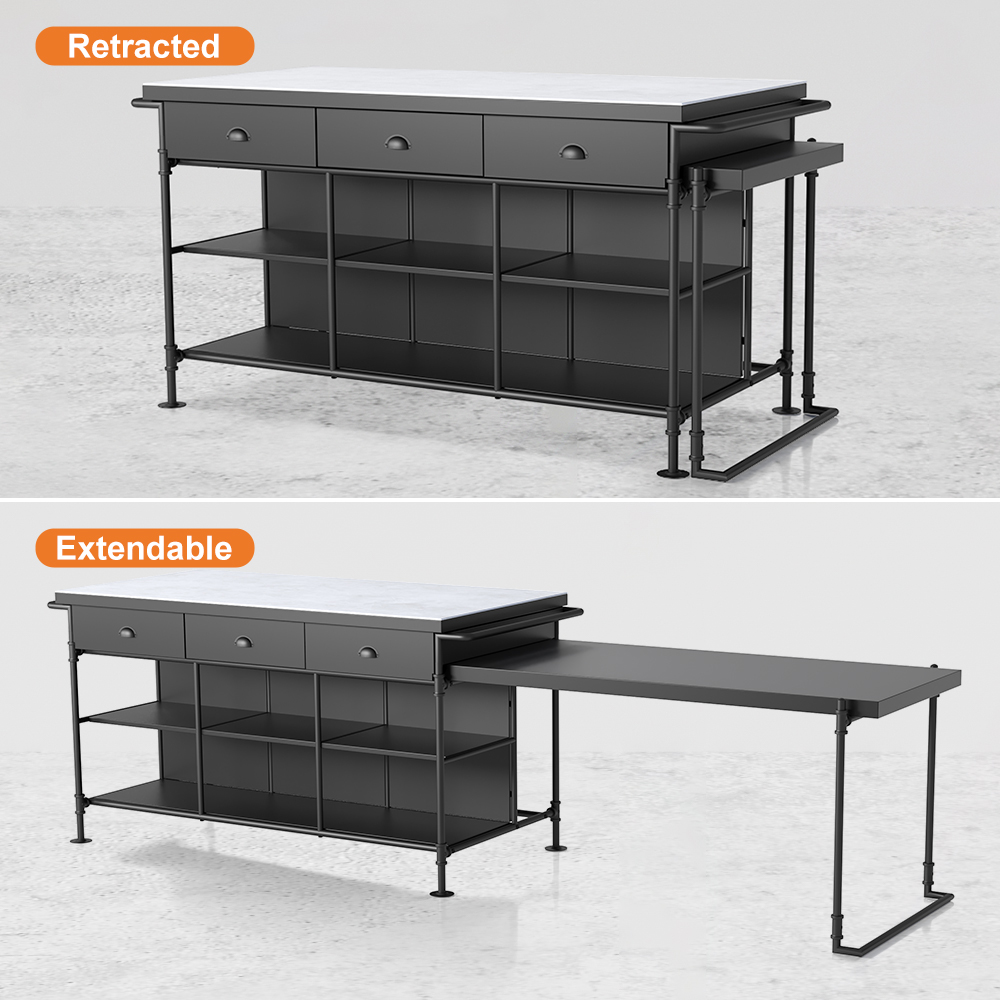 Industrial 60" Extendable Kitchen Island with 3-Drawer Faux Marble Top