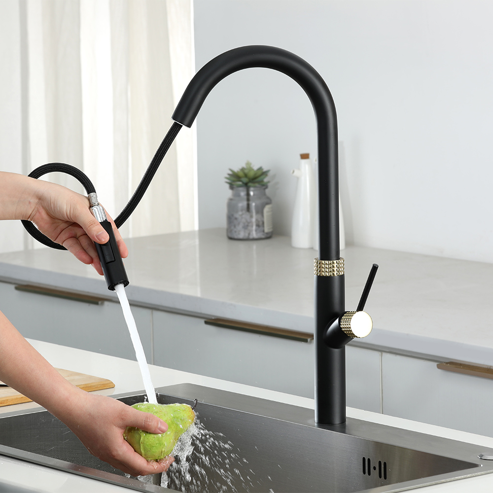 Pull Out Spray Touch Kitchen Faucet with Double Function Single Handle Black & Gold