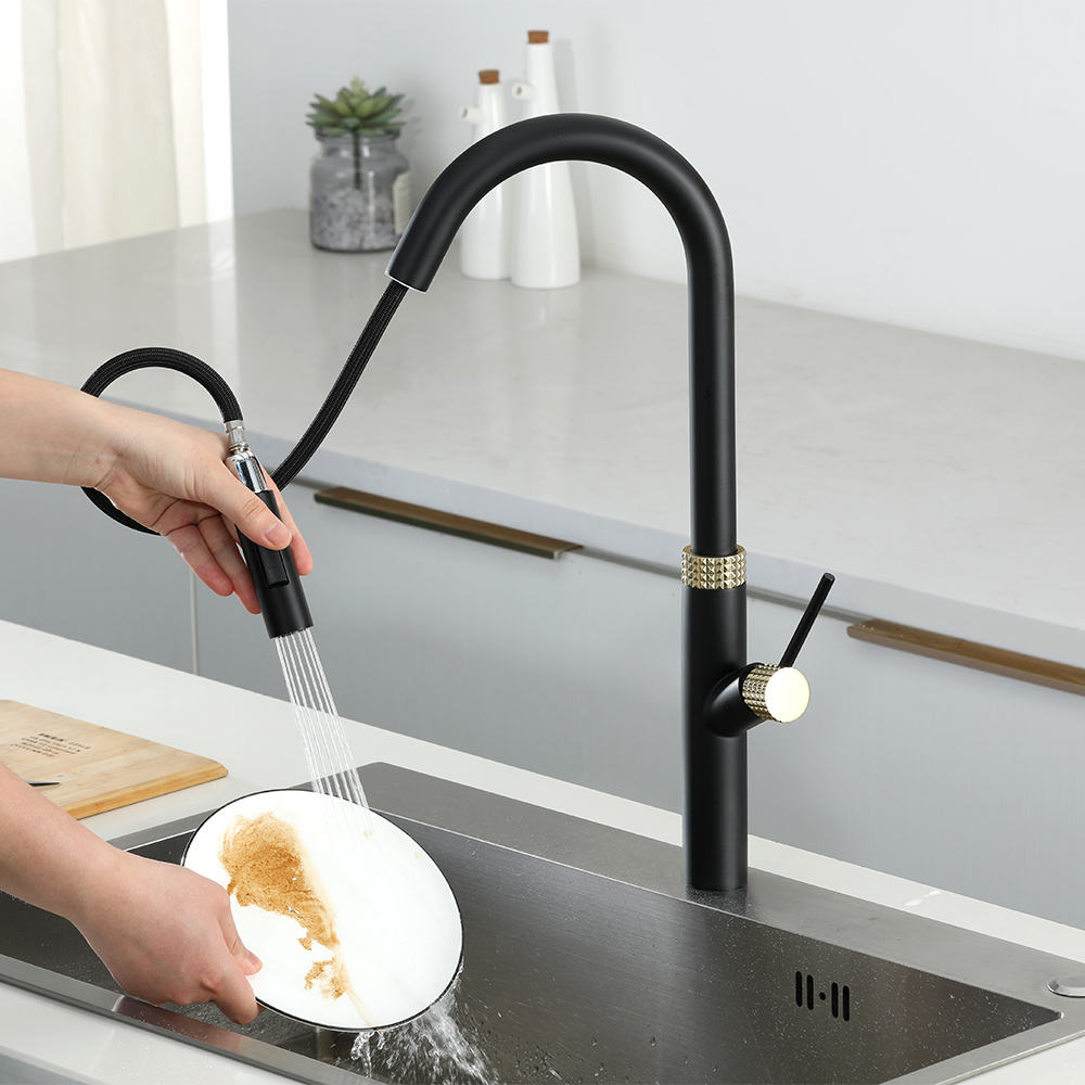 Pull Out Spray Touch Kitchen Faucet with Double Function Single Handle Black & Gold