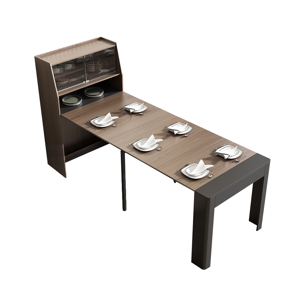 Modern Extendable Dining Table with Storage Rectangle Sideboard Glass Door Walnut & Gray
