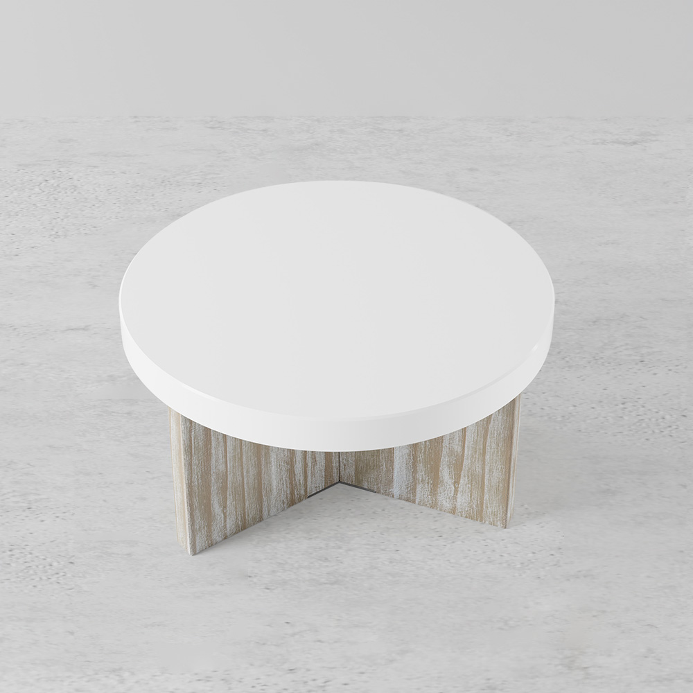 31" Farmhouse Round Pine Wood Coffee Table in White with Rustic Pedestal