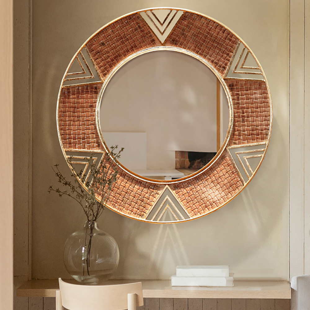 Modern Large Wall Mirror Decorative Round Metal Wall Decor Mirror in Brown