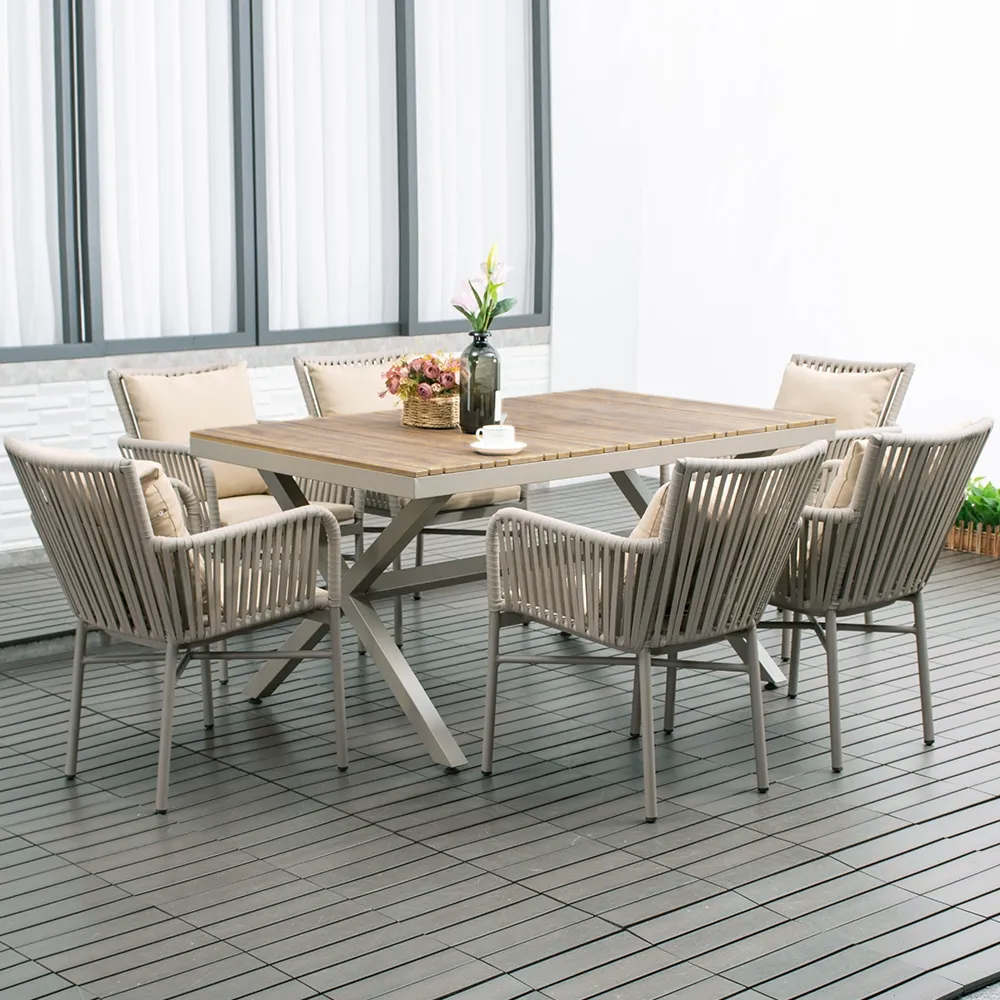 7-Pieces Outdoor Dining Set with Wood-Top Trestle Table and 6 Woven Rope Armchair