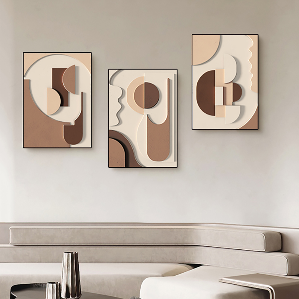 3 Pieces Modern Wall Decor for Living Room Abstract Art Painting with Frame in Brown