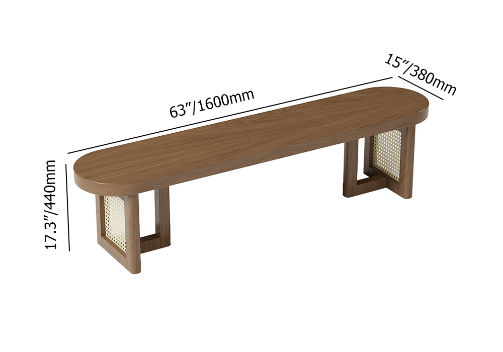 Farmhouse 63" Cane Dining Bench for 3 Person Oval Solid Wood in Walnut