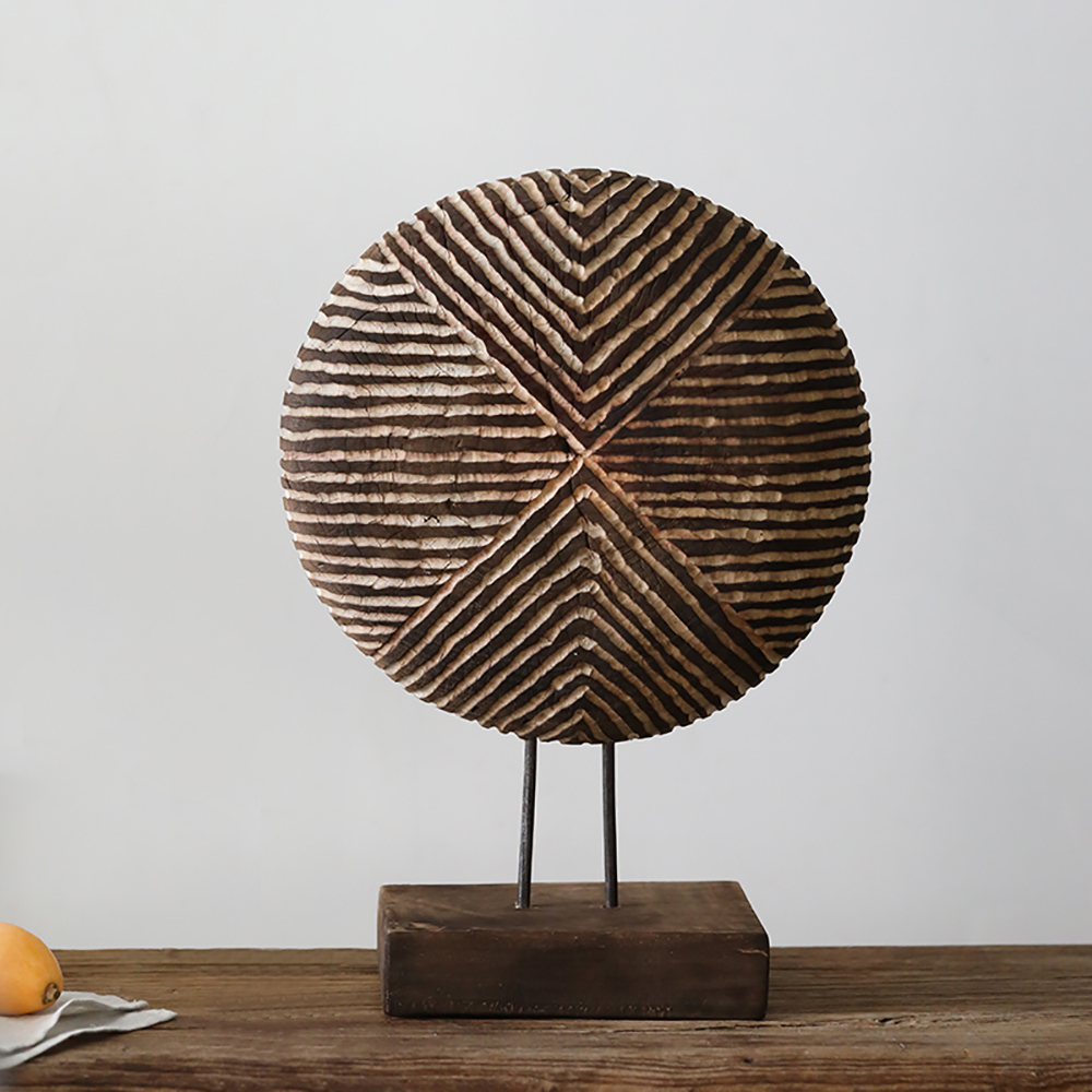 Image of Retro Round Metal & Wood Sculpture Table Top Decor Art with Rectangular Stand in Brown