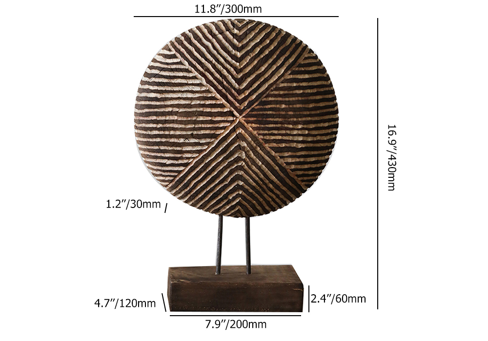 Retro Round Metal & Wood Sculpture Table Top Decor Art with Rectangular Stand in Brown