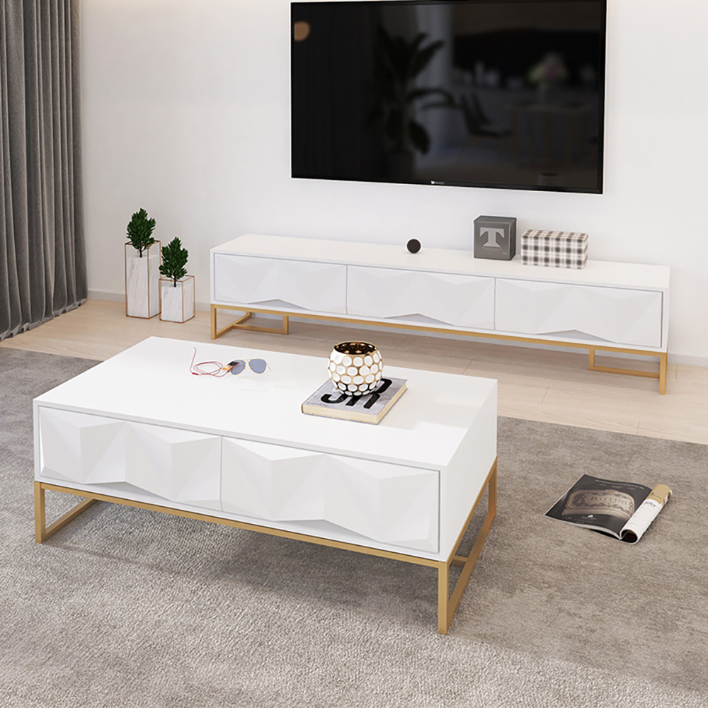 Nordic White TV Stand 3D Embossed Surface Media Console 3 Drawers in Small