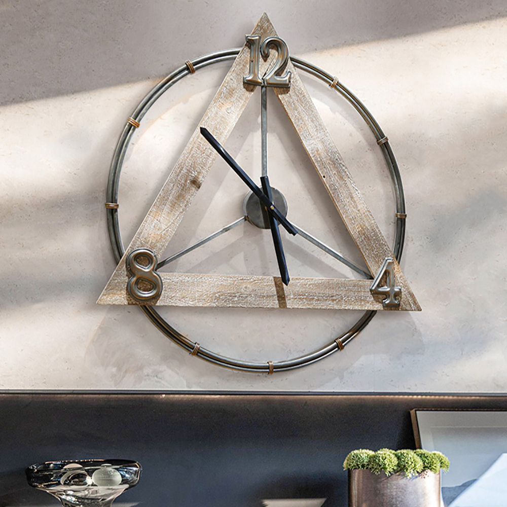 Retro Large Wall Clock Round & Triangle Wood Metal Oversized Decorative Wall Clocks