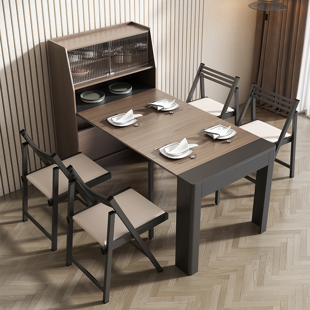 Modern Extendable Dining Table with Storage Rectangle Sideboard Glass Door Walnut & Gray
