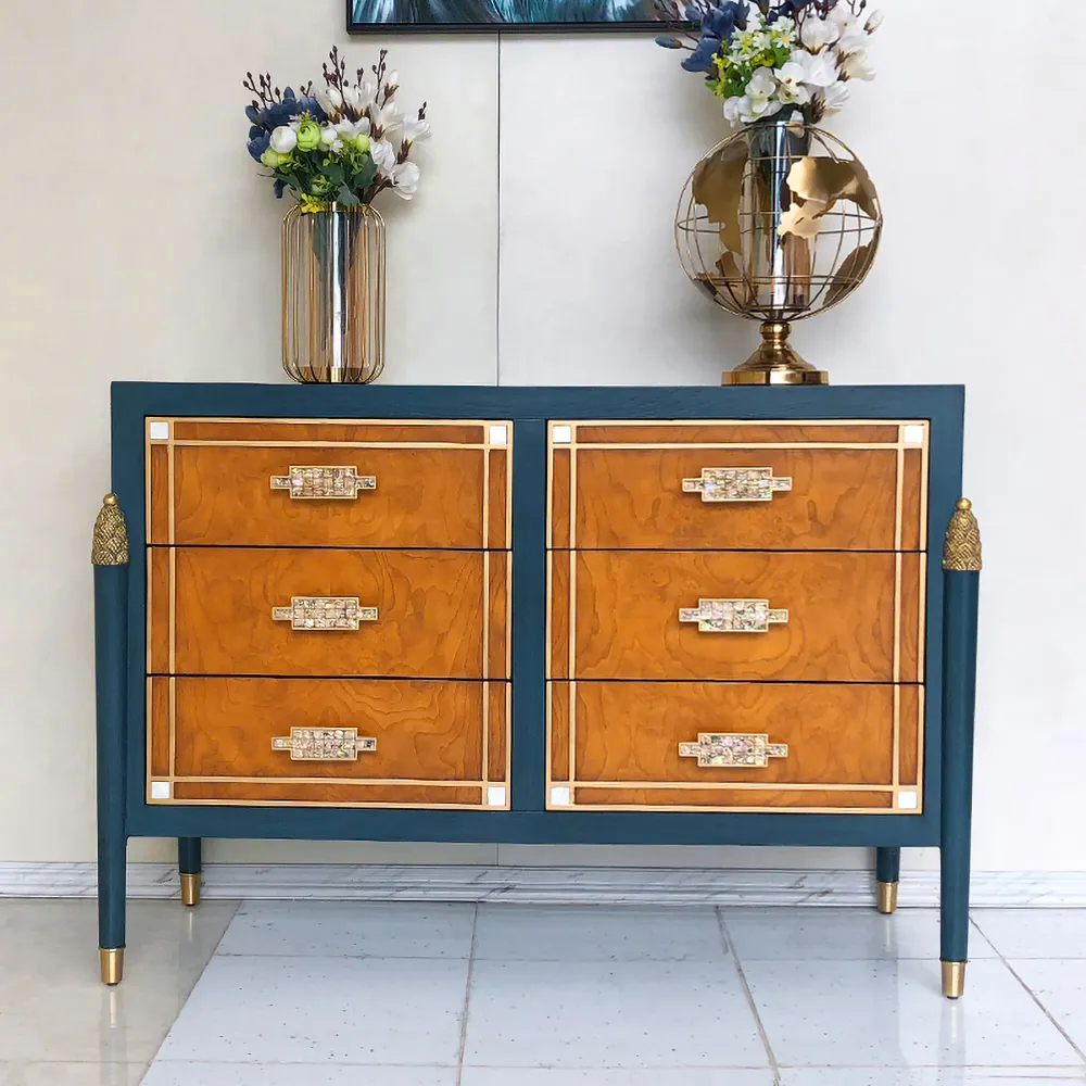 Image of 50" Modern Blue Dresser Accent Cabinet with 6 Drawers and Shell Pulls in Gold