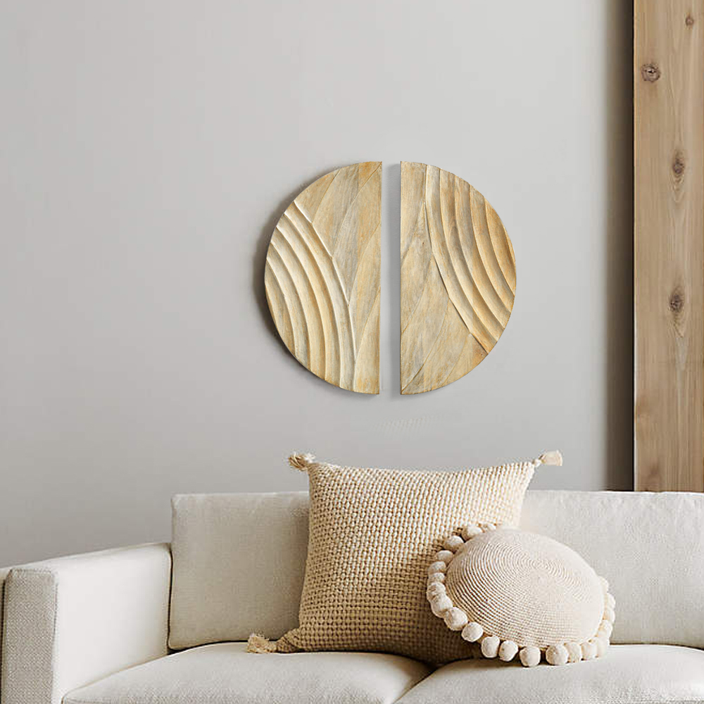 Minimalist Round Wood Wall Decor for Living Room Bedroom 3D Hanging Art in Natural