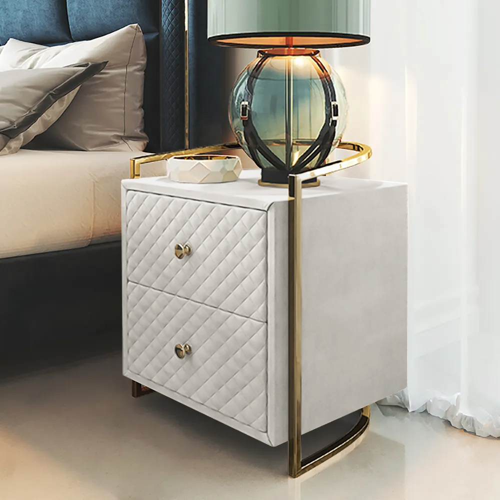 Modern Velvet 2 Drawer Nightstand Gold Bedroom Bedside Chest in White