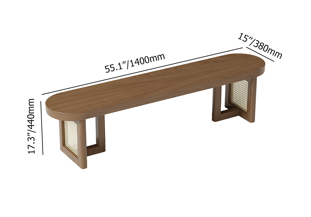 Farmhouse 55" Cane Dining Bench 2 Seater Oval Solid Wood in Walnut