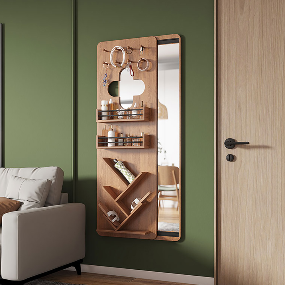 Modern Full Length Large Wall Mirror with Mekeup & Jewelry & Shelf Storage Natural Wood