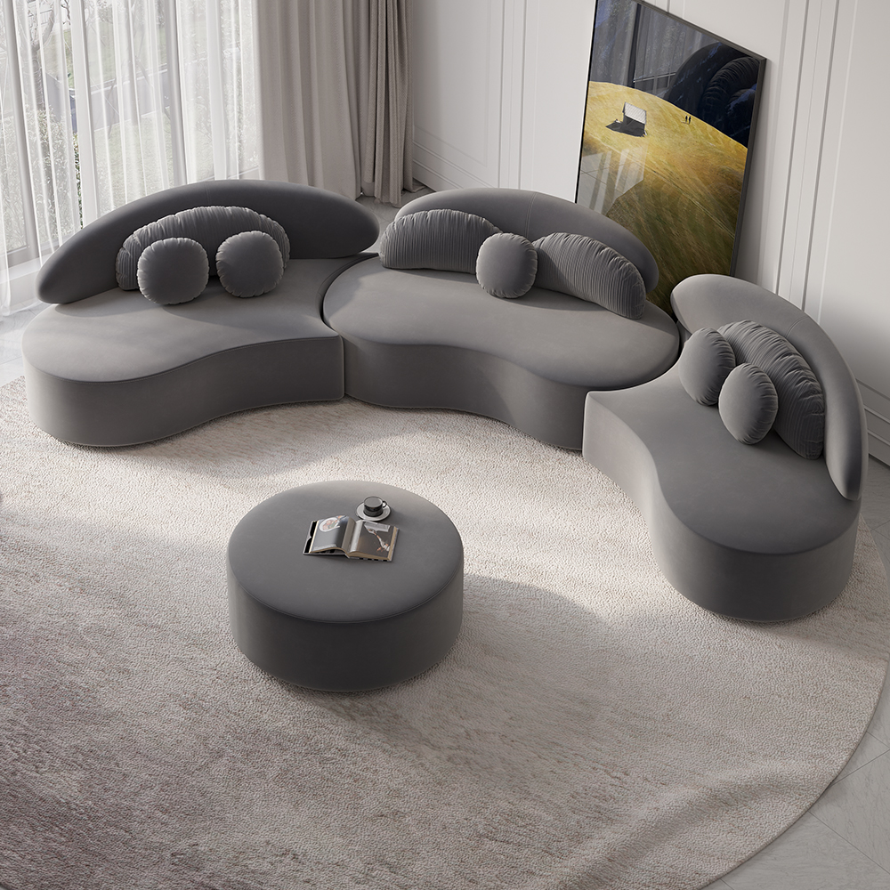 Velvet Sectional Sofa Set with Ottoman Modern 7-Seat Curved Floor Sofa in Deep Gray