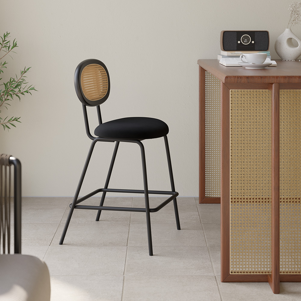 Black Velvet Counter Height Stools Set of 2 with Rattan Back for