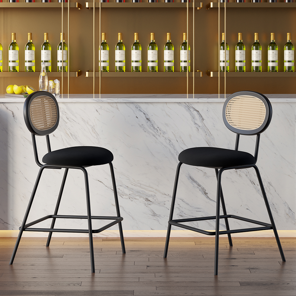 Image of Black Rattan Counter Height Stools Set of 2 with Cane Back & Velvet Upholstery Wood Bar Stools for Kitchen Island