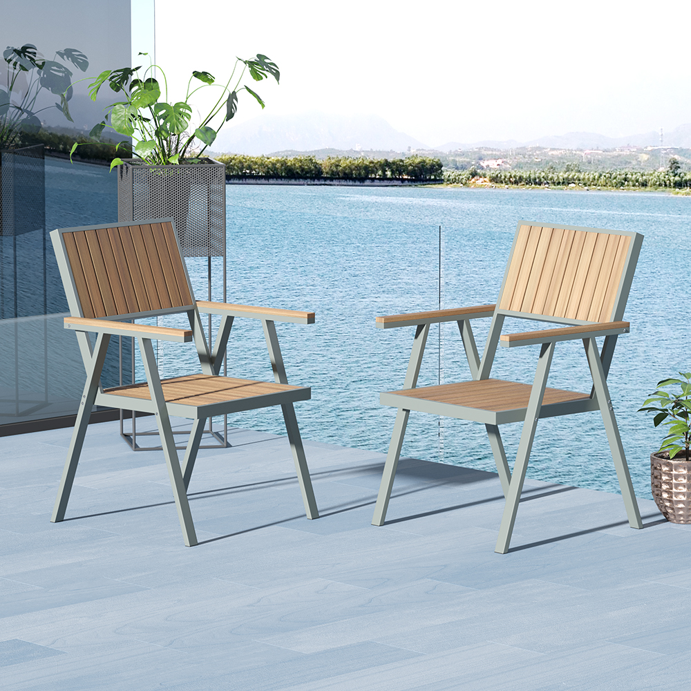 Modern Aluminum & Teak Outdoor Dining Chair Patio Armchair in Natural & Gray (Set of 2)