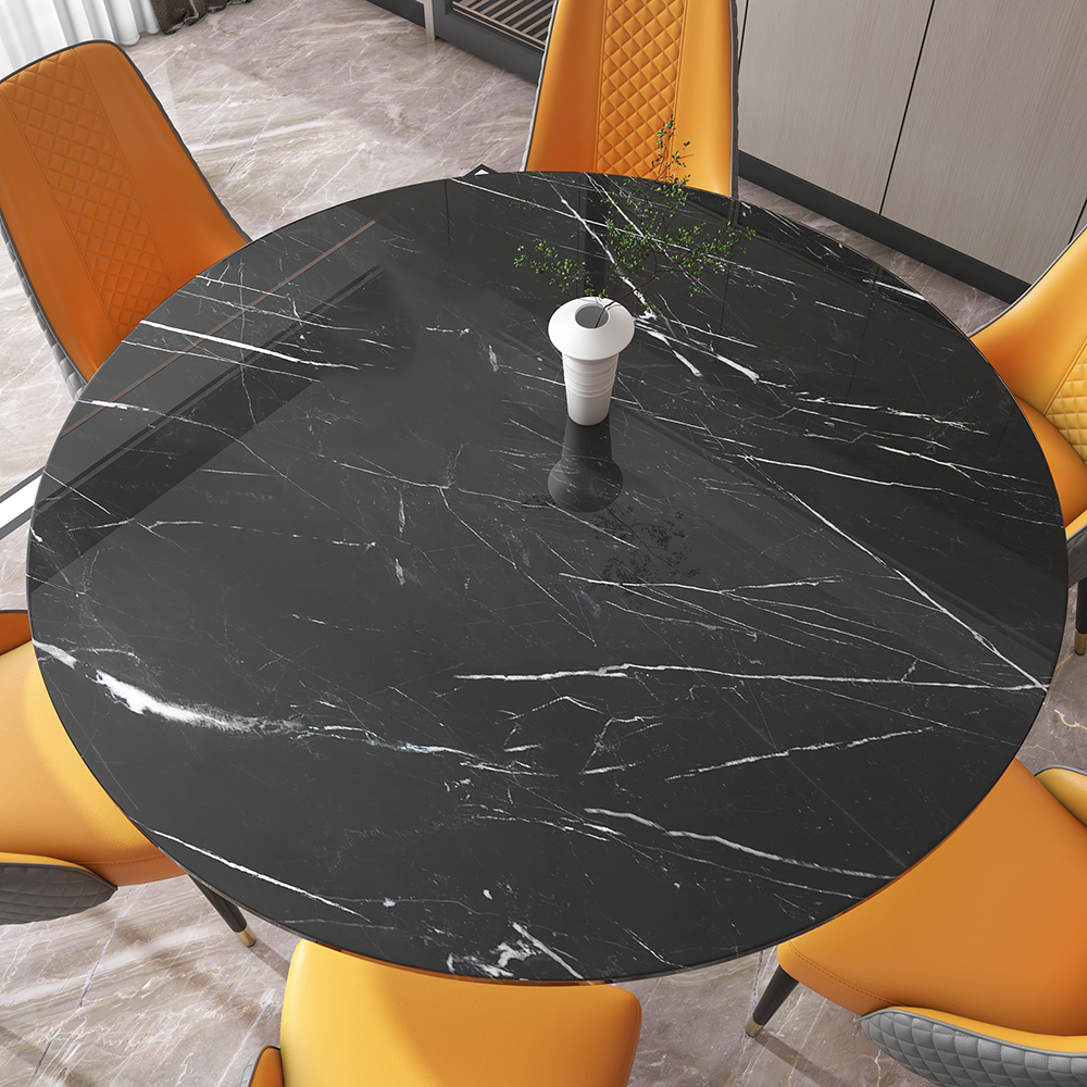 53'' Black Modern Round Faux Marble Dining Table for 6 Person Gold Steel Pedestal Base