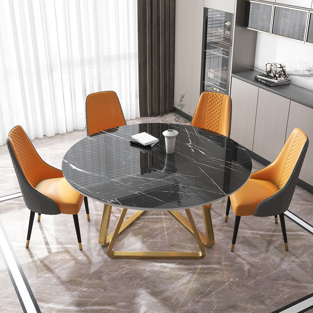 53'' Black Modern Round Faux Marble Dining Table for 6 Person Gold Steel Pedestal Base