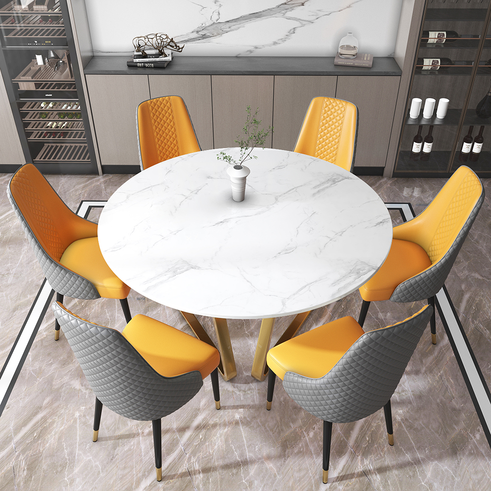 White Modern Round Faux Marble Dining Table with Stainless Steel Base