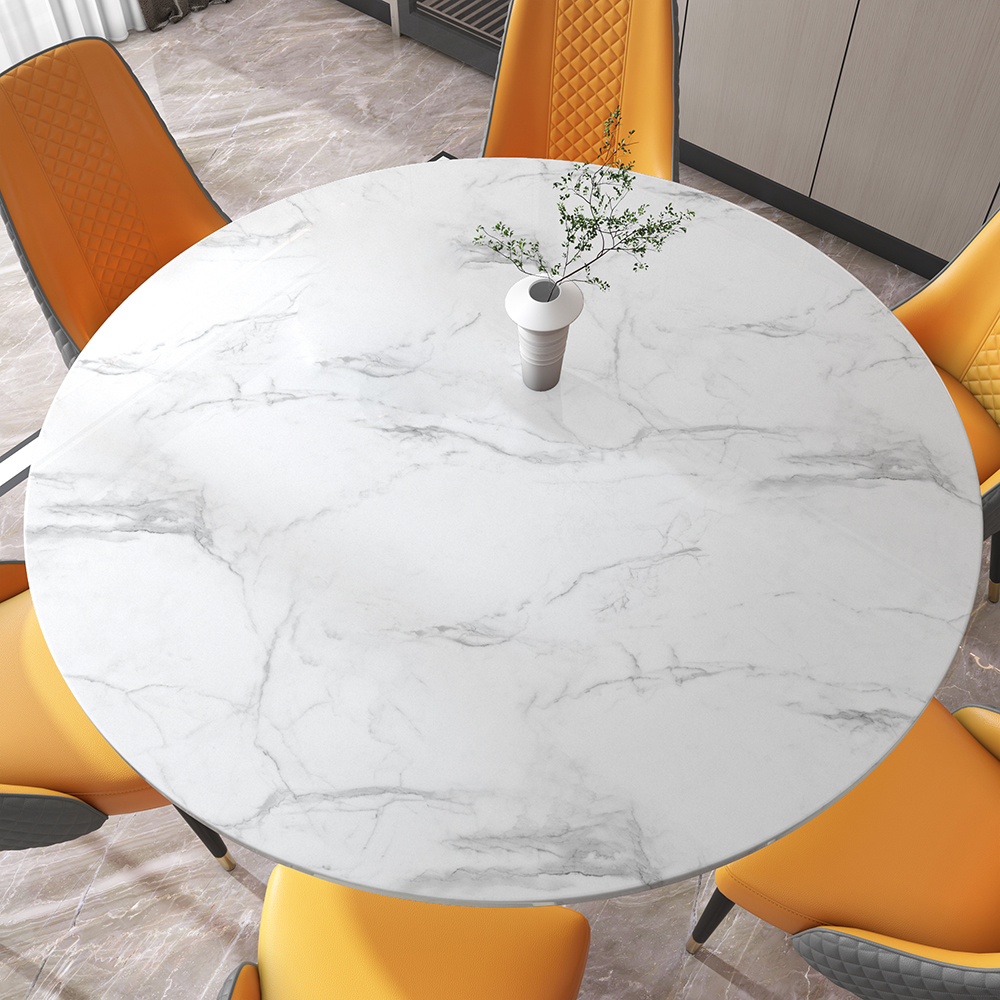 White Modern Round Faux Marble Dining Table with Stainless Steel Base