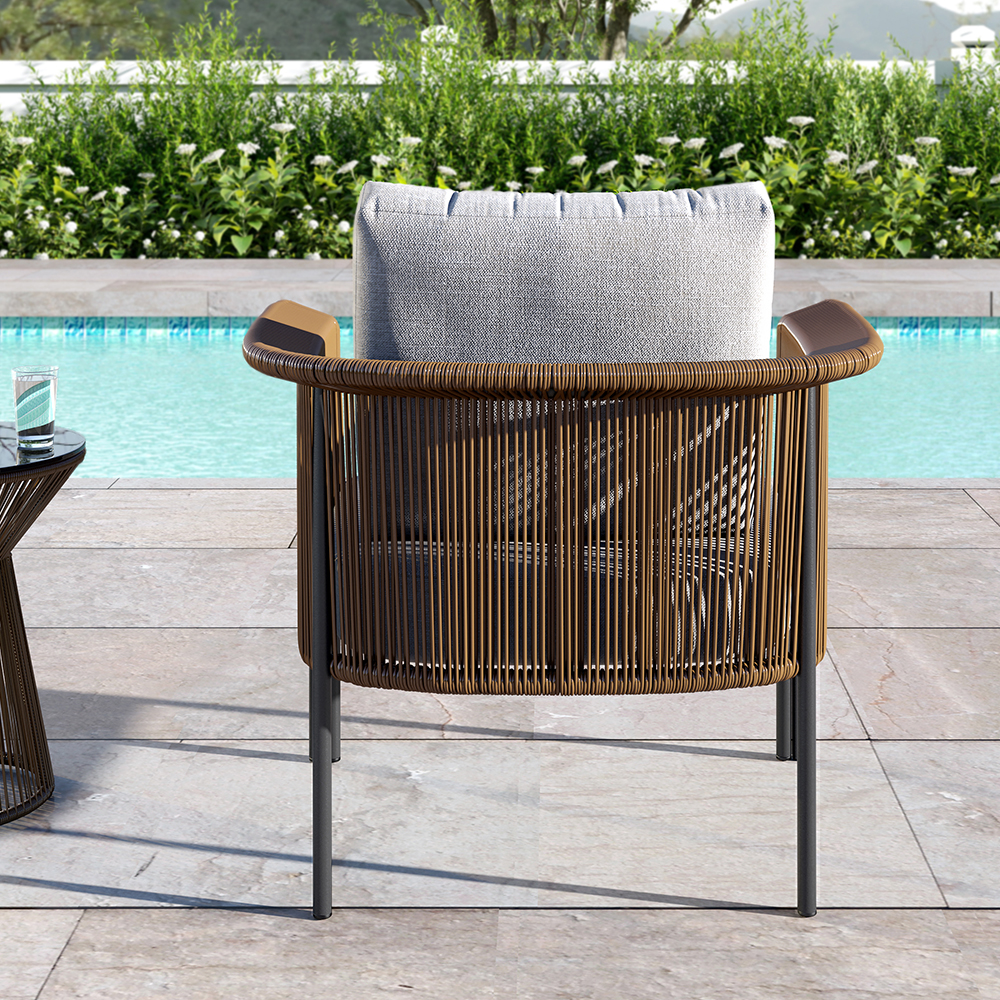 Modern Woven Rattan Outdoor Barrel Chair Armchair with Back Flared Edge in Brown & Gray