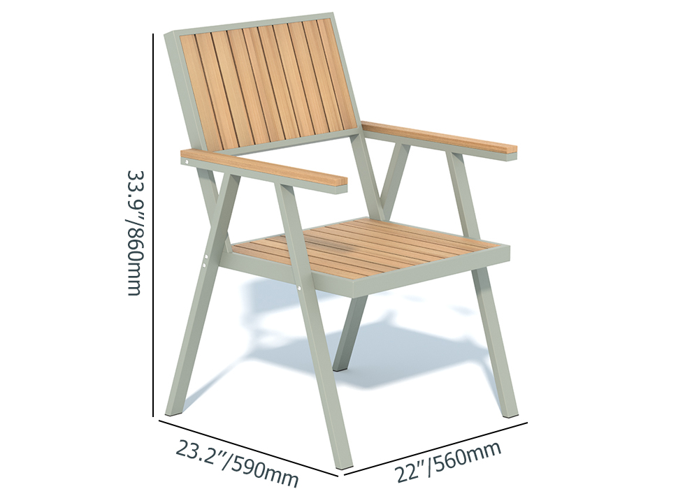 Modern Aluminum & Teak Outdoor Dining Chair Patio Armchair in Natural & Gray (Set of 2)