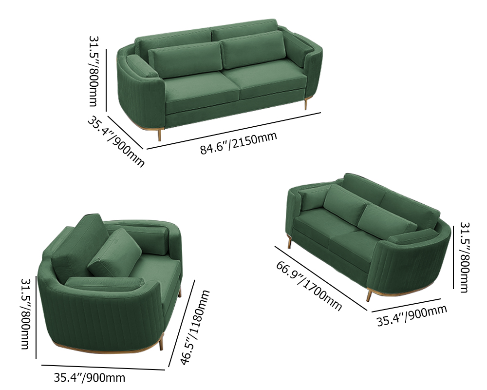 Modern Living Room Sets Green Velvet Upholstered Chair & Loveseat