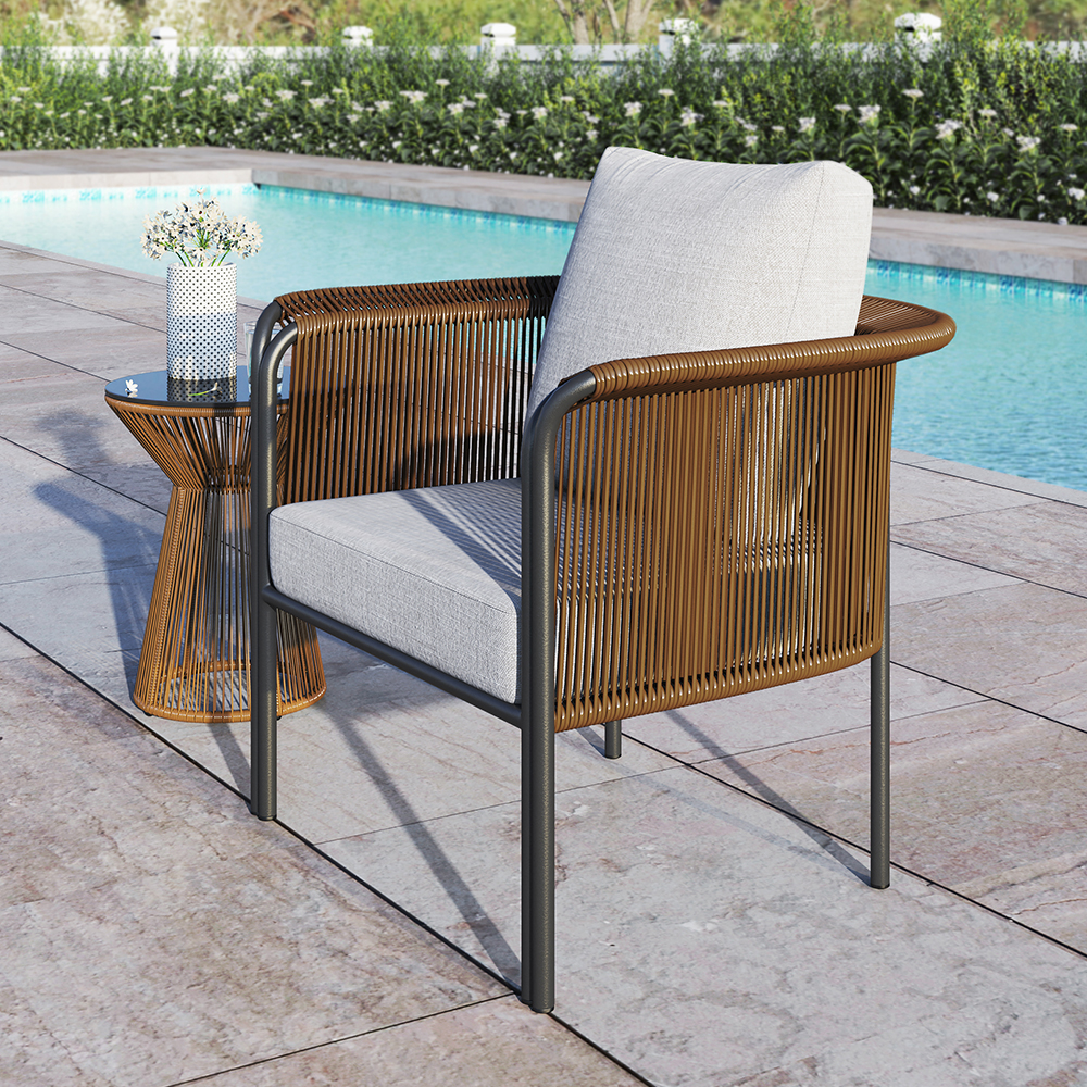 Modern Woven Rattan Outdoor Barrel Chair Armchair with Back Flared Edge in Brown & Gray