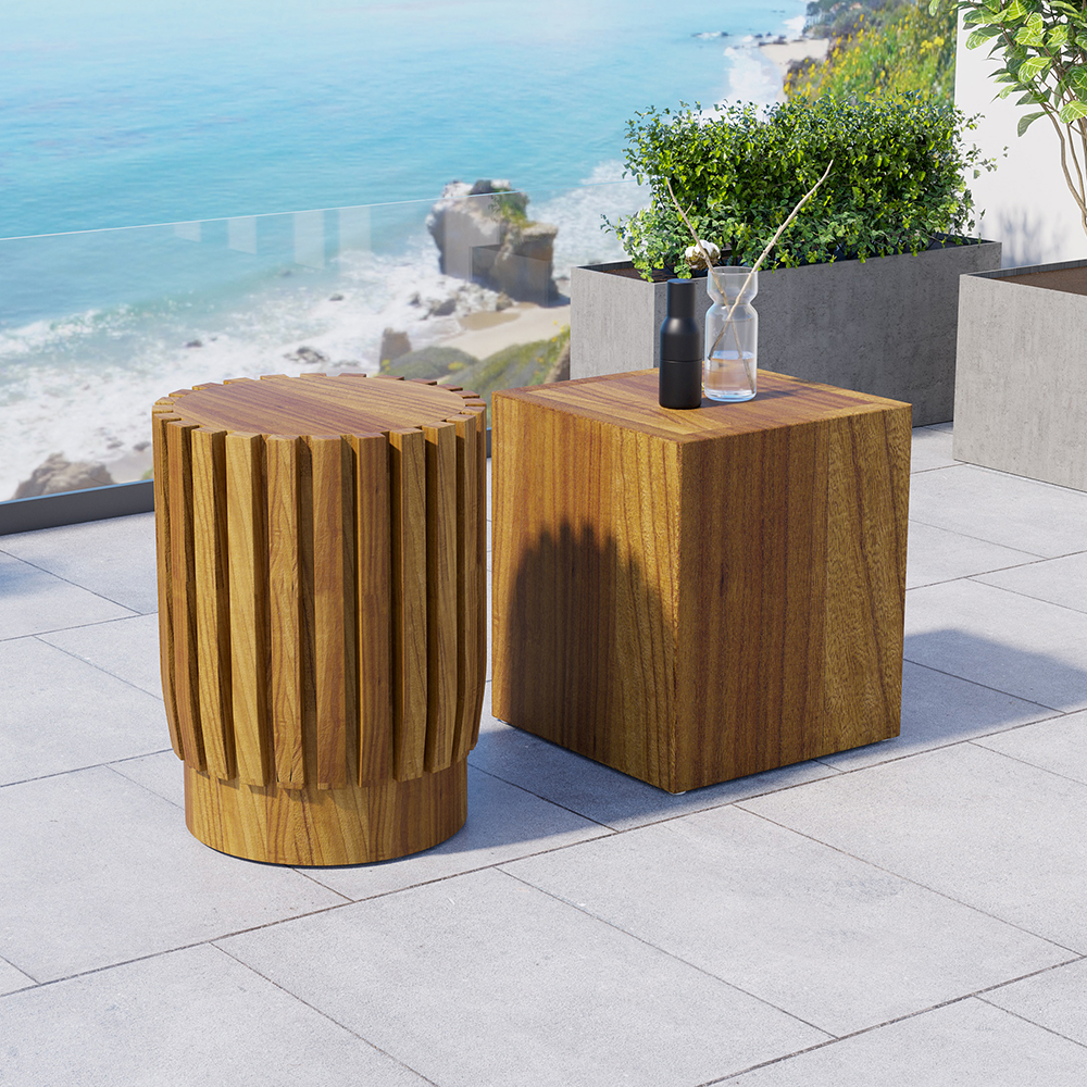 Image of 2 Pieces Modern Round & Rectangle Teak Wood Outdoor Coffee Table Set in Natural