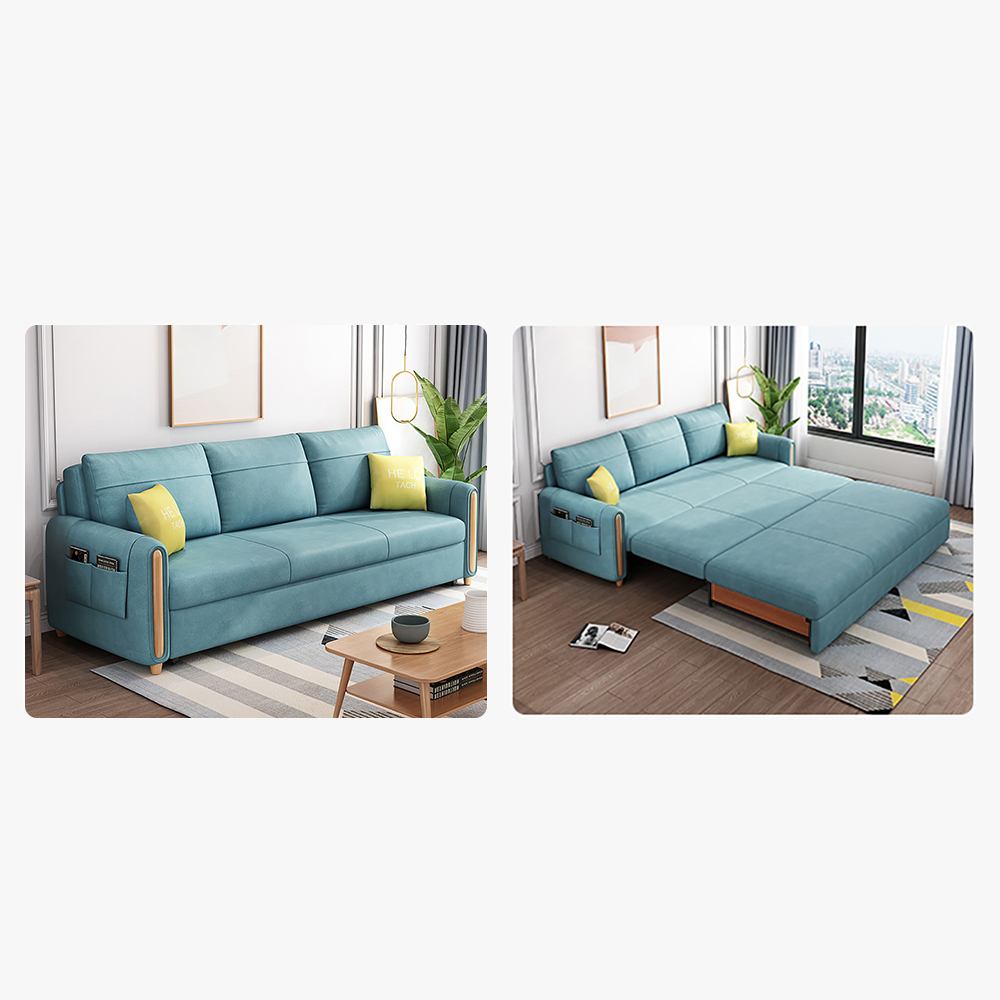 2060mm Blue Arm Full Sleeper Sofa Bed with Storage&Side Pockets